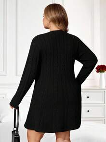 Enliva Plus Size Women Long Sleeve Sweater Dress, A-Line Hem Cable Knit Dress, For Apple & Rounded Body Shape - Black - View 2