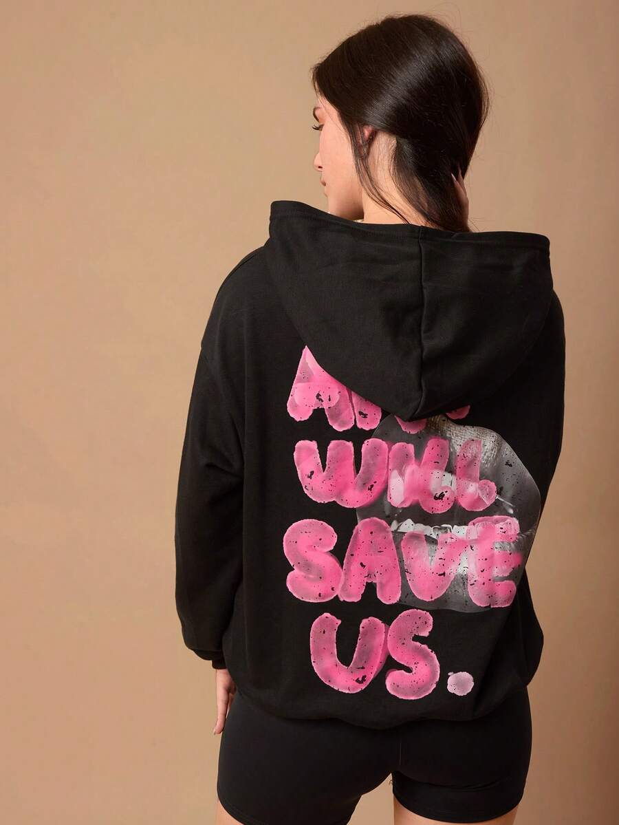 SURIMA 女士宽松图案黑色卫衣 - 黑色 - 查看 1