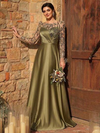 Serin Elegant Lyxig Pärlprydnad Blommig Paljettbroderad Puffärm Satin Rynkad A-linjeklänning, Lämplig För Bröllop, Fest, Helgdag, Bal, Brudens Mors Aftonklänning