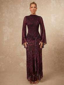 Lumalex 女士豹纹超大款薄纱飘逸系带连衣裙 - 酒紅色 - 查看 5