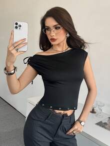 Modelyn Women's Solid Color Tie Shoulder Design Fitted Fashion T-Shirt Black Top One Shoulder Top Sexy Top Off The Shoulder Top Cap Sleeve Top One Sleeve Top Classy Top - Black - View 8