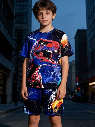 SHEIN 2pcs Tween Boys Casual Minimalist Round Neck Short Sleeve Shirt & Shorts Set Night Vision Fluorescent Dinosaur Pattern, Suitable For Spring/Summer , Daily Wear, Sports, Outings, School, Parties, Festivals, Photoshoots