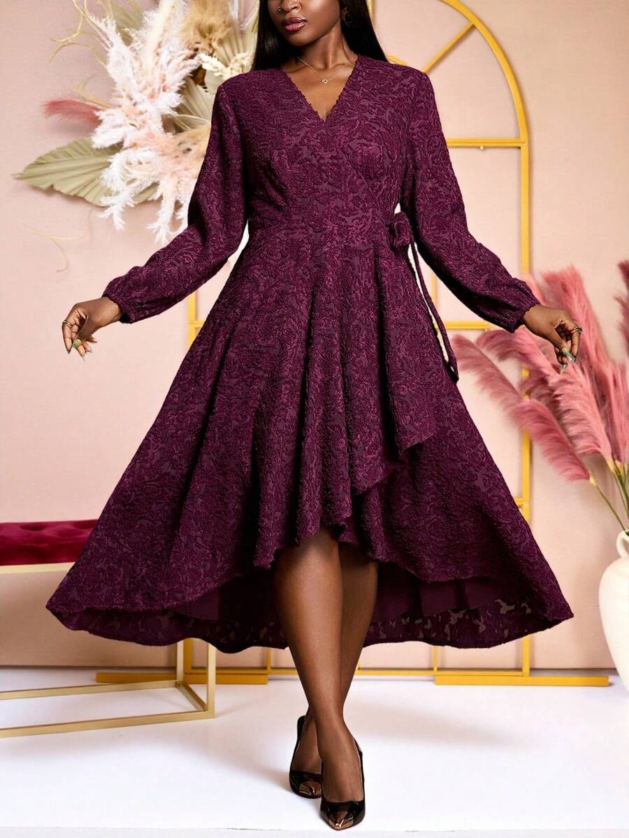 Veslaya Burgundy Autumn Elegant Wedding Plus Size Women's Dress,Floral Jacquard Wrap V-Neck Long Sleeve Maxi Dress With Tie Waist For Formal Parties & Events