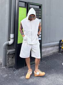 DAZY 男士纯白色无袖连帽衫和短裤套装，夏季 - 白色 - 查看 4