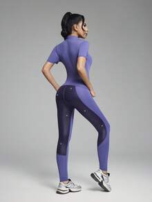 Innovista Women's Contrast Zipper Collar Short Sleeve T-Shirt, Earrings, Leggings, Equestrian Outfit - Purple - View 7