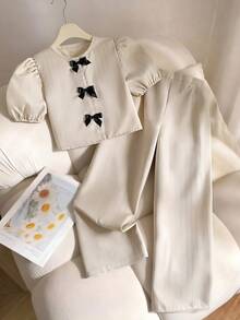 SHEIN 少女休闲卡其条纹蝴蝶结装饰泡泡袖修身上衣和宽松直筒裤两件套，返校季 - 卡其色 - 查看 4