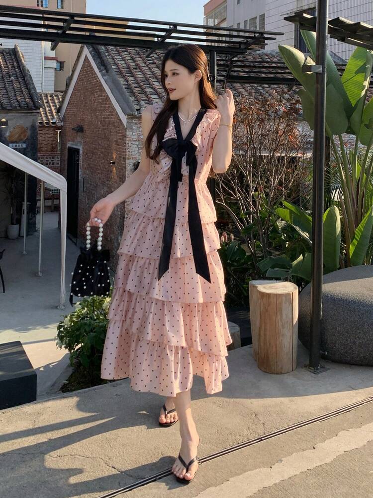 Women's V-Neck Polka Dot Korean Style Ruffle Bow Dress, Suitable For Birthday Party Sundress Boho
