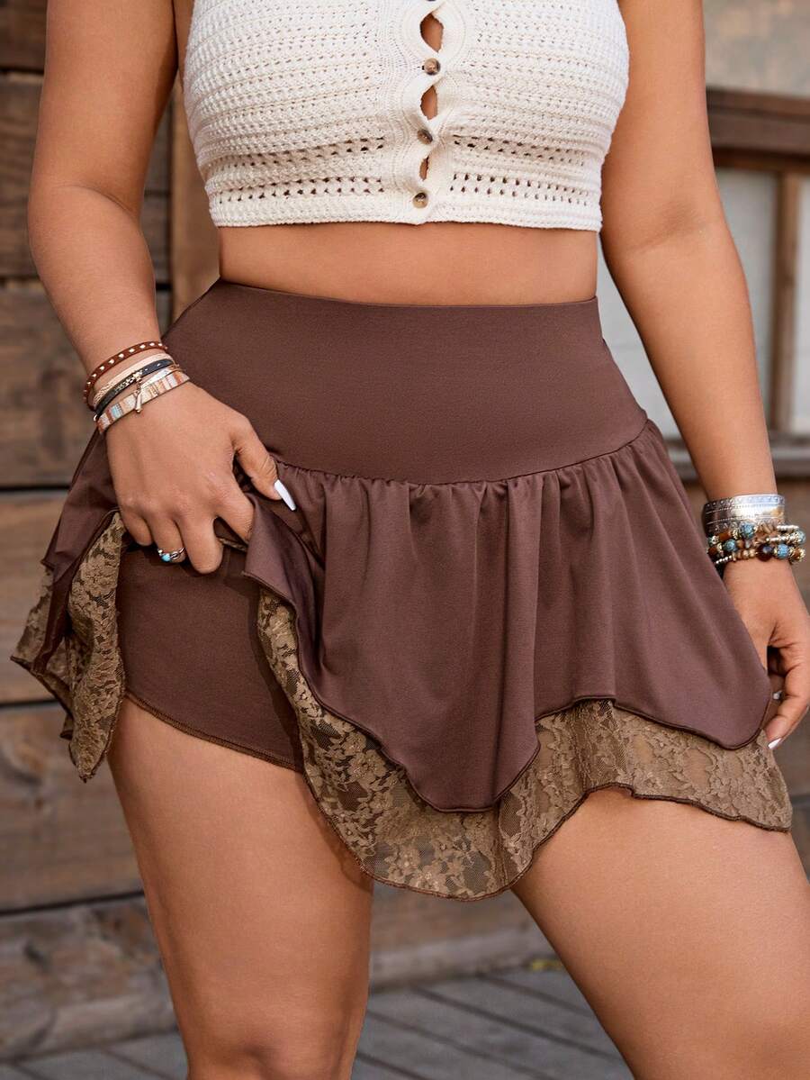 Nubod Váy quần nữ cỡ lớn màu nâu phối ren tương phản, gấu váy bất đối xứng. - màu nâu - Xem 1