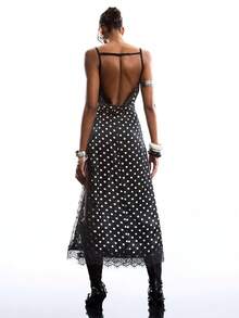 LYSMO 2026 New Arrive Minimalism Spring/Summer Women's Fashion Polka Dot Print Lace Patchwork Spaghetti Strap Dress,Polka Dot Lace Design, High Side Slit Design, Suitable For Layering Or Wearing Alone, Vintage And Glamorous. - Black and White - View 2