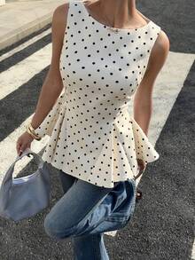 Siren Gaze 新款黑白波点无袖背心，女士春夏款 - 杏色 - 查看 5