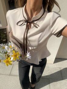 Elyressa 女士夏季系领短袖修身优雅衬衫 - 杏色 - 查看 5