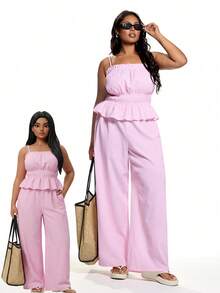 Solavibe Bộ đồ đôi nữ cỡ lớn gồm áo hai dây xếp ly eo, gấu quần xếp nếp và quần ống rộng, kiểu dáng thường ngày. - Hồng - Xem 1