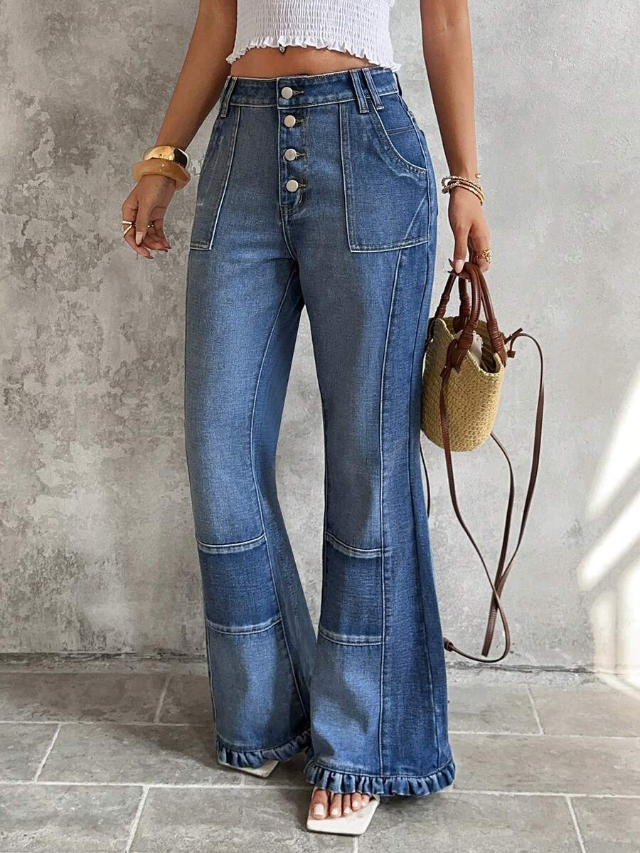 Sunnyshic Women's Casual Washed Low Waist Flare Jeans - Blue - View 1
