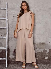 EMERY ROSE Conjunto de 2 piezas de talla grande para mujer con top de manga corta y pantalones con diseño de encaje y bolsillos, ideal para vacaciones en primavera temprana - Albaricoque - Ver 1