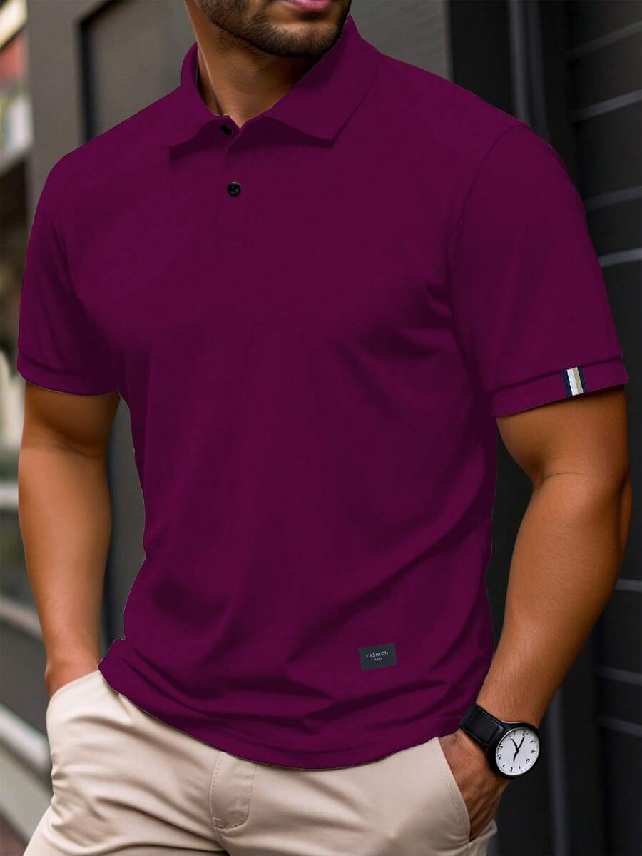 Manfinity Homme Áo Polo nam tay ngắn cỡ lớn, kiểu dáng thường ngày, màu đỏ tía, áo polo nam có cổ - Màu đỏ tím - Xem 1