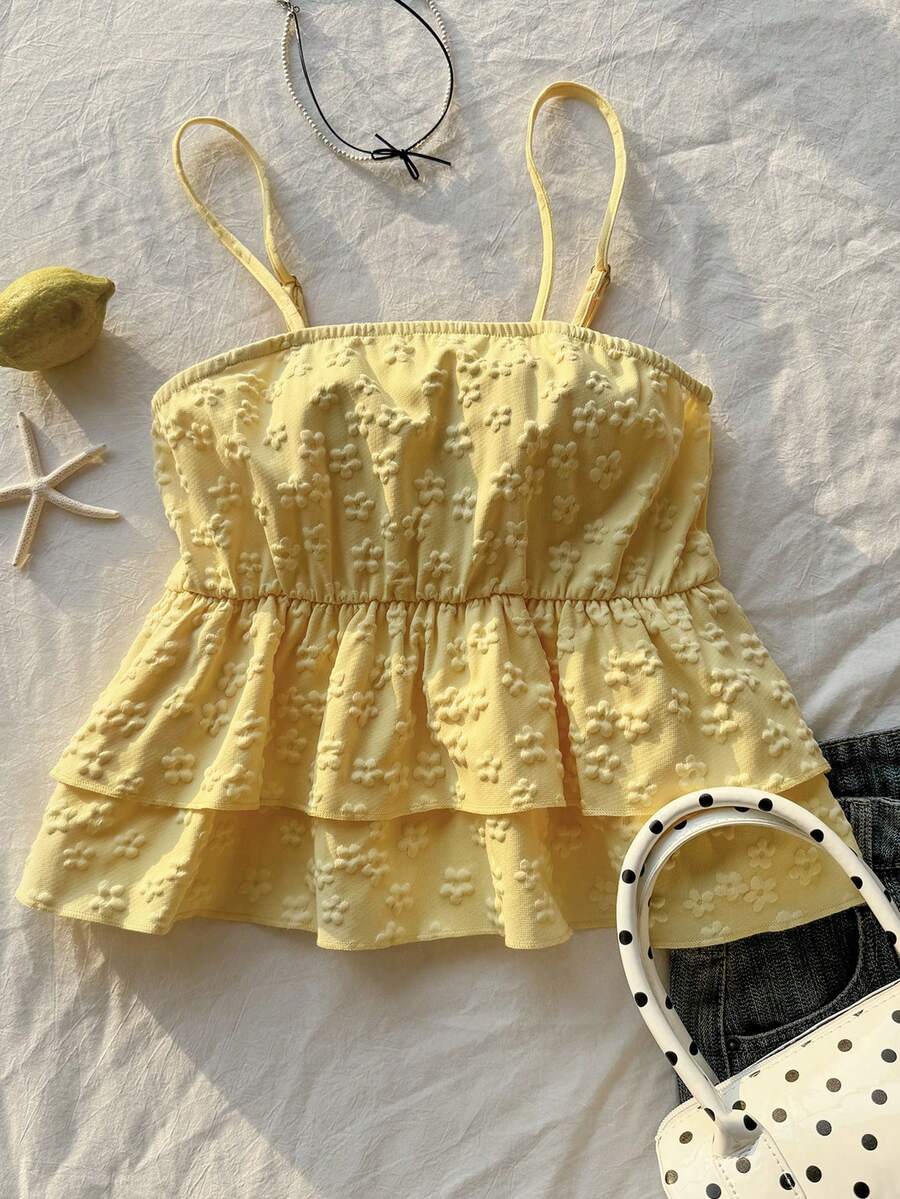 Tween Girls Casual French Loose Vacation Camisole Top, Special Textured Yellow Floral 3D Pattern Double Ruffle Hem Versatile Fresh Spring/Summer Blouse - Yellow - View 1