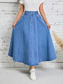 EMERY ROSE Women's Button Waist Design Pocket Casual Denim Skirt - Medium Wash - View 6