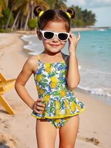 SHEIN 1pc Young Girl Cute Lemon Print One-Piece Swimwear, Fashionable Casual Elegant Lady Suitable For Swimming, Vacation, Summer - Yellow - View 2