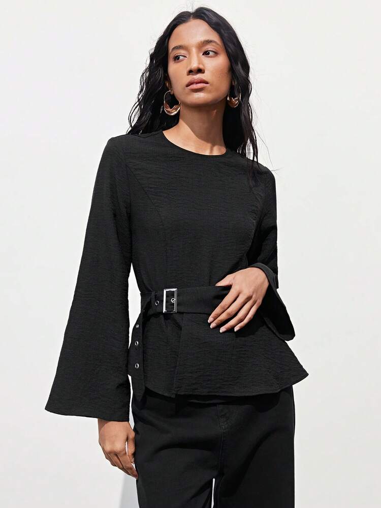 SHEIN Maija 1pc Women's Black Top With Flared Sleeves, Cinched Waist, Asymmetrical Waist Belt Elegant Vacation Summer Modest Asymmetrical Top Bell Sleeves Buckle Top Spring Women Peplum Top For Women Valentine's Day Elegant Women's Blouse Vacation Women Spring To Summer