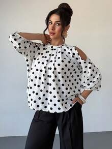 RiviMae Slimming Discounted Off-Shoulder Half Sleeve Polka Dot Loose Blouse For Women - White - View 4