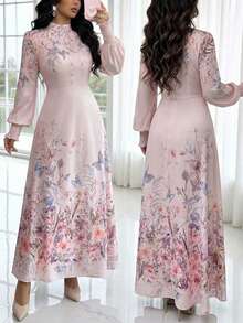 Modelyn 女士立领、插肩袖、收腰、优雅印花连衣裙 - 粉色 - 查看 1