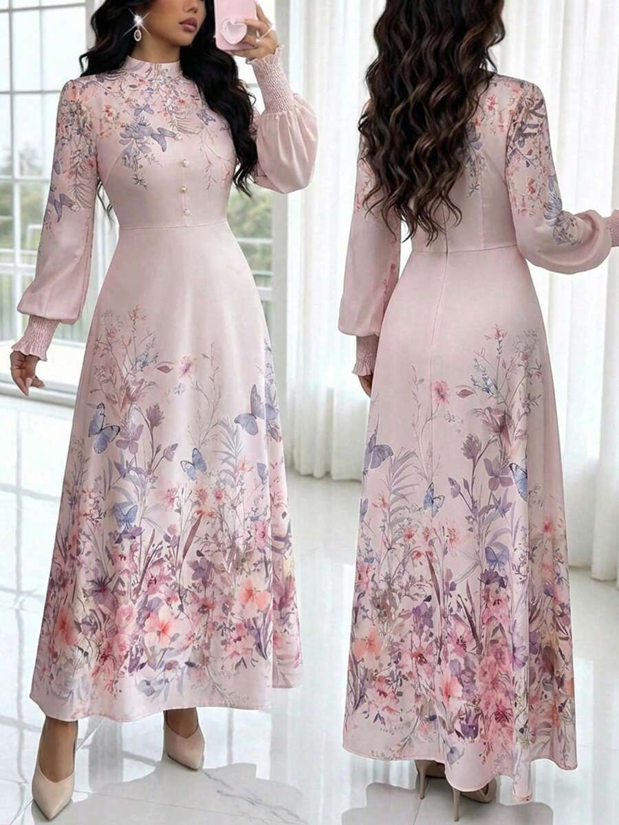 Modelyn 女士立领、插肩袖、收腰、优雅印花连衣裙 - 粉色 - 查看 1