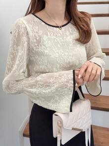 FRIFUL Women's Round Neck Lace Fabric Shirt With Contrast Color Trim On Collar And Cuffs, Bell Sleeve Design, Suitable For Spring To Summer - White - View 5