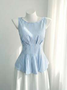 GlowEve Women's Sleeveless Ruched Waist A-Line Blue & White Striped Casual Tank Top, Suitable For Dates, Fresh Style, Versatile - Blue and White - View 4