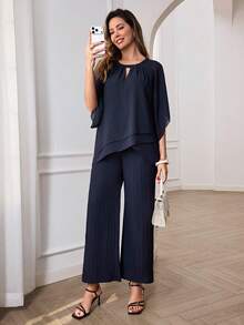 Miaspire Elegant Navy Blue Chiffon Two-Piece Set For Women – Double-Layer Cape Sleeve Top & Pleated Wide Leg Pants, Perfect For Summer & Spring, Ideal For Vacation, Beach, Going Out, Casual Daily Wear, And Festival Occasions - Navy Blue - View 7