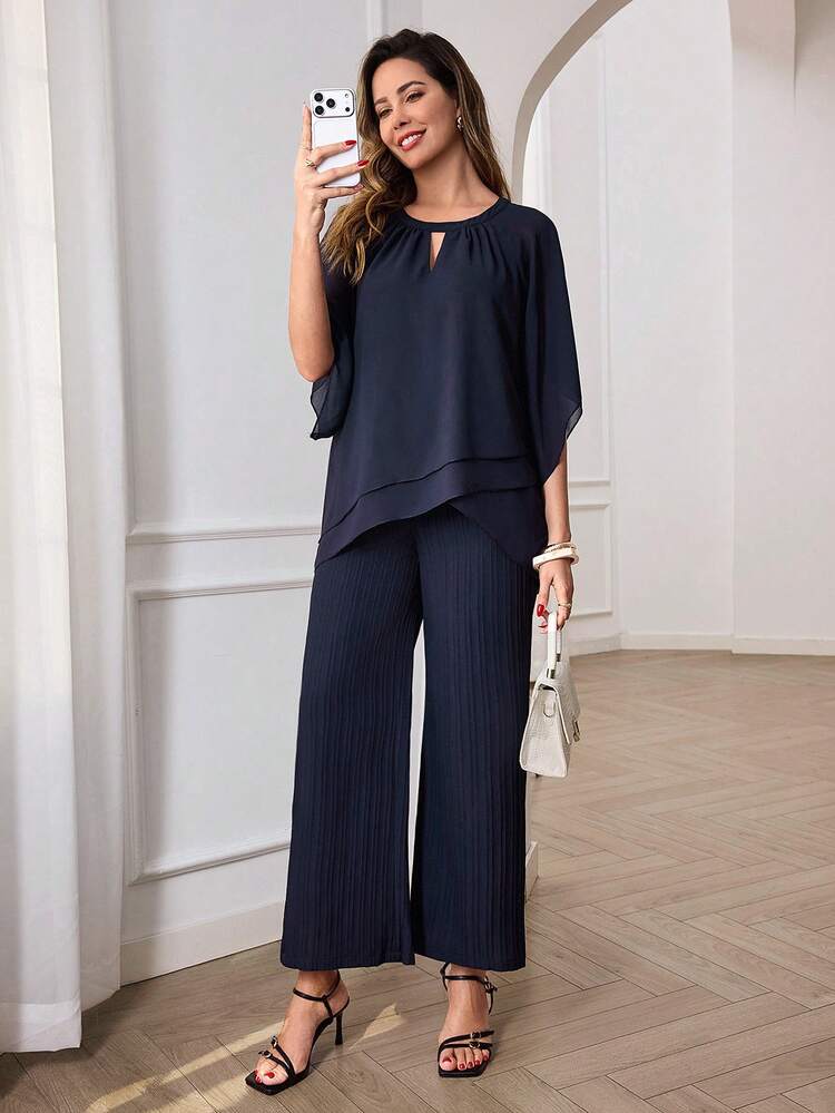 Elegant Navy Blue Chiffon Two-Piece Set For Women – Double-Layer Cape Sleeve Top & Pleated Wide Leg Pants, Perfect For Summer & Spring, Ideal For Vacation, Beach, Going Out, Casual Daily Wear, And Festival Occasions