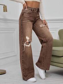 EMERY ROSE 女士夏季Y2K高腰破洞阔腿牛仔裤 - 棕色 - 查看 6