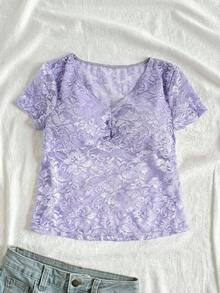 SHEIN Áo ren mỏng nhẹ cổ chữ V dễ thương, ôm vừa vặn, dễ thương, kiểu dáng học sinh, áo ren tay ngắn thanh lịch - Màu tím hoa cà - Xem 4