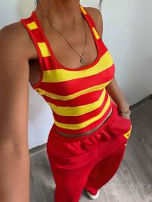StreetHx 女士Y2K风格条纹两件套，春秋季街头风 - 紅色 - 查看 5
