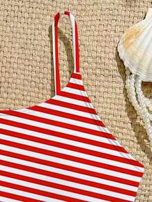 Girls' Striped Elastic Woven One-Piece Swimsuit, Suitable For Beach, Vacation, Swimming Tween One Piece Swimsuit Red And White Striped Swimsuit Girls Red White One Piece Swimsuit Girls Striped Swimsuit Tweens Beachwear - Red and White - View 4