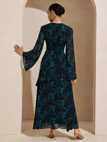 Graceveil Đầm nữ màu xanh ô liu mùa thu, chất liệu chiffon, in hoa, thiết kế thắt eo thanh lịch, thích hợp cho đi chơi và hẹn hò. - Màu xanh lá cây đậm - Xem 3