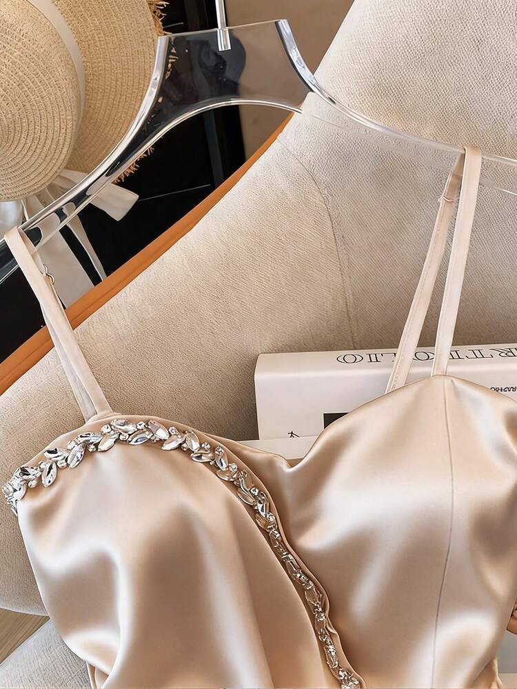 Franclia 女士水钻装饰休闲时尚约会吊带背心 - 杏色 - 查看 4