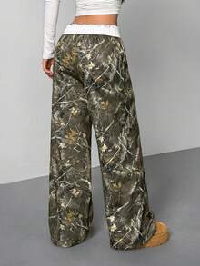 SHEIN PETITE Women's Tree Branch Pattern Wide Leg Casual Pants - Army Green - View 2