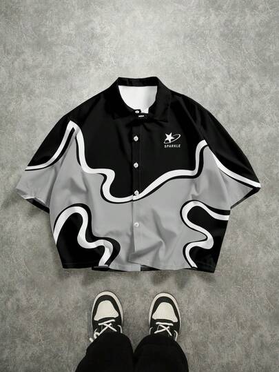 Manfinity EMRG Men's Black Grey White Abstract Wavy Line Curve Sparkle Planet Logo Print Short Sleeve Shirt | Summer Streetwear Y2K Vintage Futuristic Fluid Art Color Block Button Down Collar Top | Urban Casual Modern Minimalist Space Theme Holiday Vacation Camp Shirt | Soft Breathable Premium Daily Outdoor Outerwear,Men's Printed Short Sleeve Shirt Mens Short Sleeve Shirt Mens Street Wear Shirt Mens Black And White Shirt