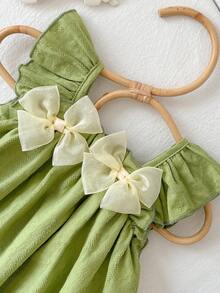 Cozy Pixies Babygirl Summer Casual Vacation Green Textured Ruffle Bow Camisole And Elastic Waist Shorts Set - Green - View 4