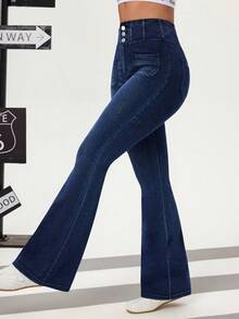 Flexra Women's High Waist Elastic Fitted Sexy Flare Jeans - Dark Wash - View 5