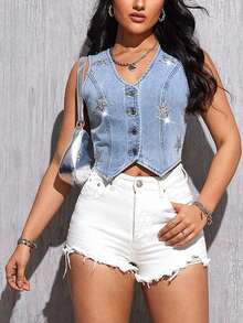 Selenza Áo khoác gile denim nữ cổ chữ V đính sequin hình ngôi sao và cài cúc phía trước - Rửa nhẹ - Xem 4