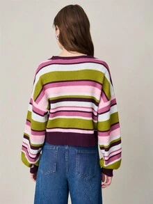 Nöista Cropped Button-Up Cardigan With Wide Horizontal Stripes. And Versatile For Spring, Spring Styling And Summer Casual Looks. - Red - View 2