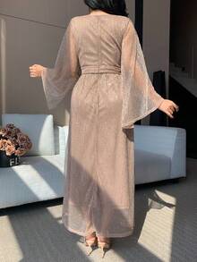 DAZY Women's Elegant Solid Color V-Neck Ruffle Sleeve Belted Long Dress, Spring/Summer Maxi Dress Sundress - Pink - View 2