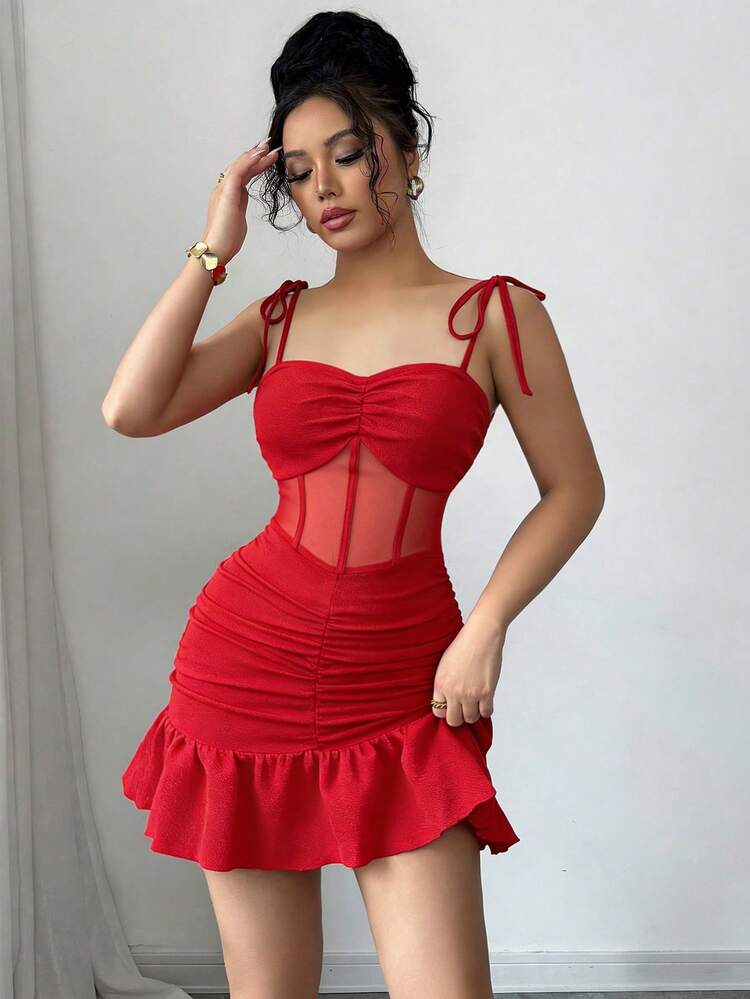 GlowEve Nuevo vestido mini elegante y sexy con tirantes finos, de punto y malla, apropiado para citas y fiestas - Rojo - Añade 5