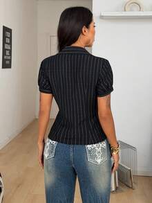 Coolane Black Striped Print Button Front Casual Woven Women's Short Sleeve Shirt - Black - View 7