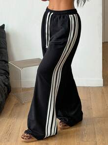 Coolane 女士春夏街头休闲复古运动日基础款简约返校学院风条纹纹理装饰弹力腰带黑色阔腿运动裤 - 黑色 - 查看 4