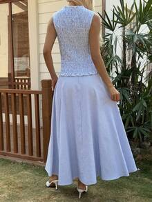 Livesso 女士春夏蓝色条纹吊带背心套装，饰有荷叶边，搭配同色直筒半身裙，优雅百搭，适合休闲、海滩、婚礼、约会等场合。 - 藍色 - 查看 3