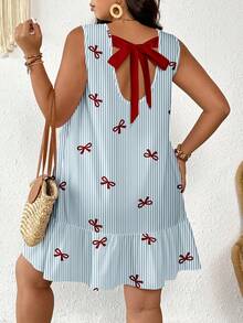 Veykashi Plus Size Bow Striped Print Dress, Suitable For Vacation - Multicolor - View 5