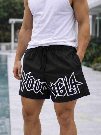 Pantalones cortos con estampado a letras para hombres