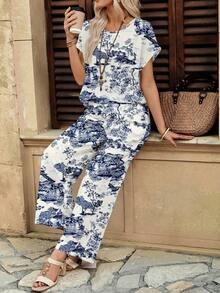 EMERY ROSE 两件套女士休闲宽松圆领上衣和裤子，百搭套装，适合春秋季女士度假穿着，夏季裤装套装，女士度假套装，女士度假连体裤，女士优雅连衣裙，女士休闲度假套装 - 彩色 - 查看 5